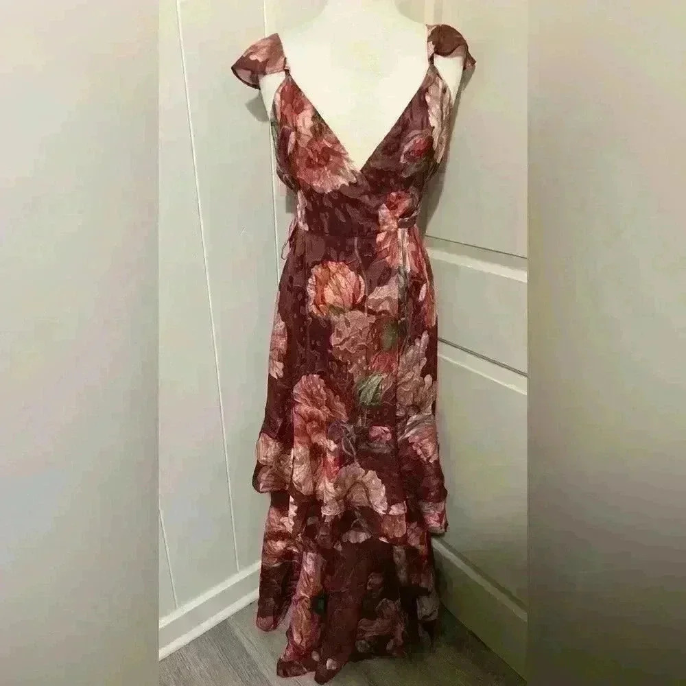 Anthropologie‎ Hutch $240 Senna Floral Tiered Maxi Wrap Dress Feminine Boho Red - Picture 3 of 12